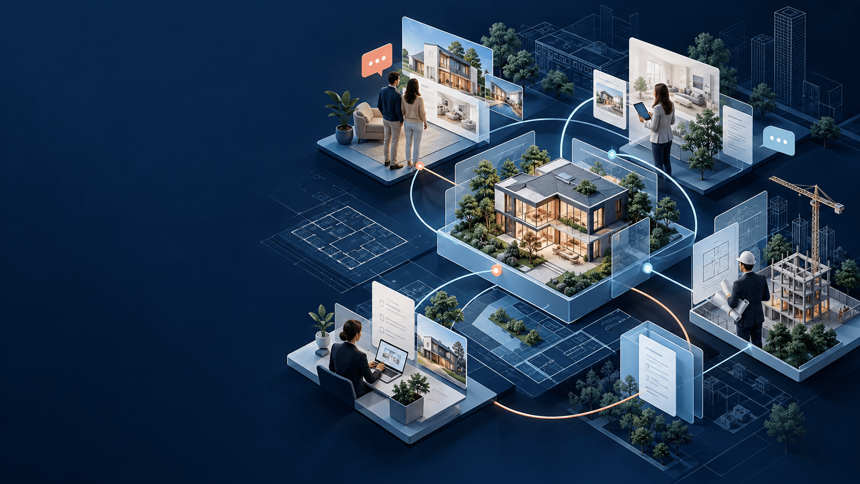 Isometric illustration of people and homes connected through a digital platform
